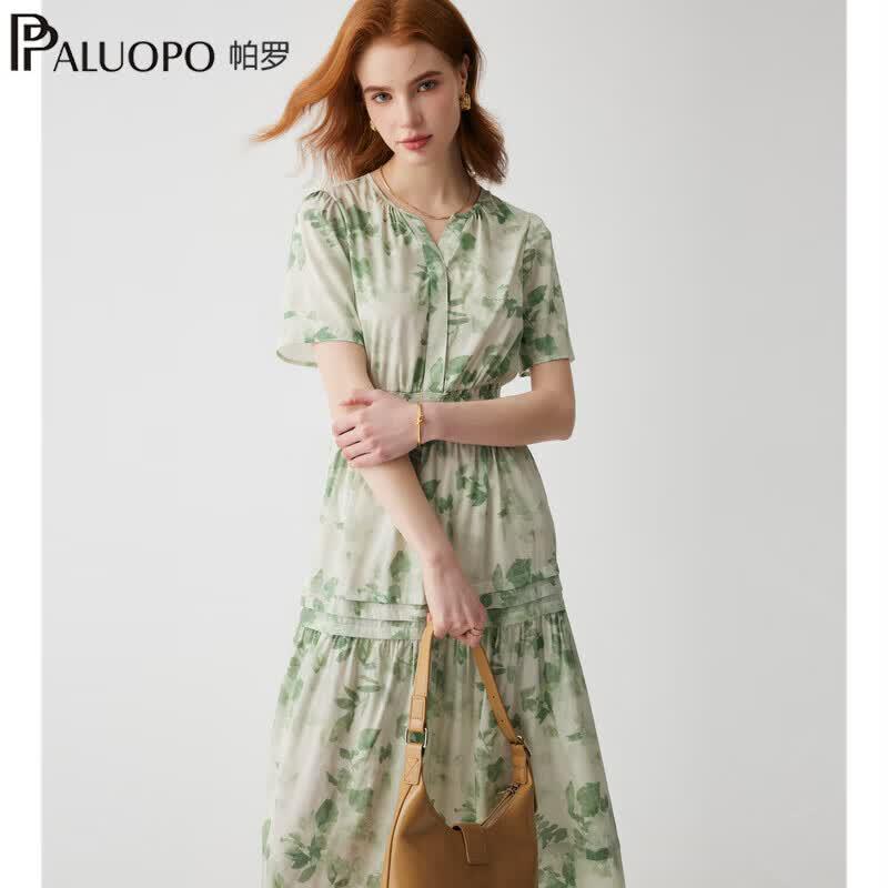 PALUOPO Elegant Floral V-Neck Silk A-Line Dress