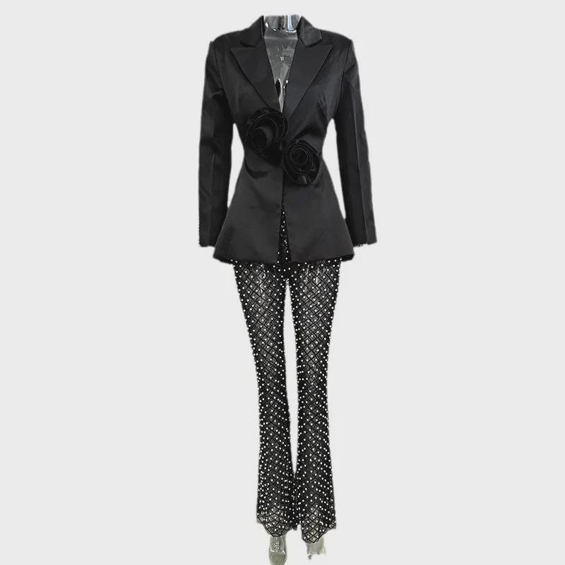 2024 Spring/Summer 3D Floral Beaded Mesh Pantsuit with Sequins and Pearls