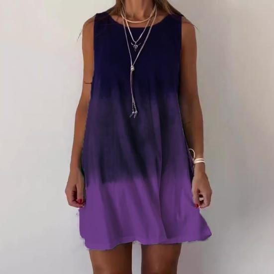 Women Summer Dress Gradient Contrast Color Sleeveless A-line Loose Round Neck Vest Type Daily Vacation Homewear