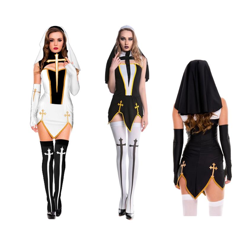 Sexy Women Naughty Nun Costume Black Fancy Dress Party Cosplay Outfits Halloween