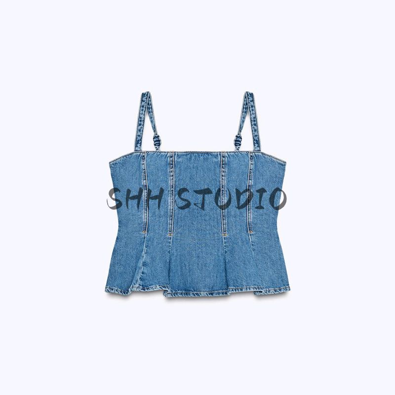 Summer New Product Women's Clothes French Stretch Design A- line Hem Cotton Sling Denim Tops 6164070