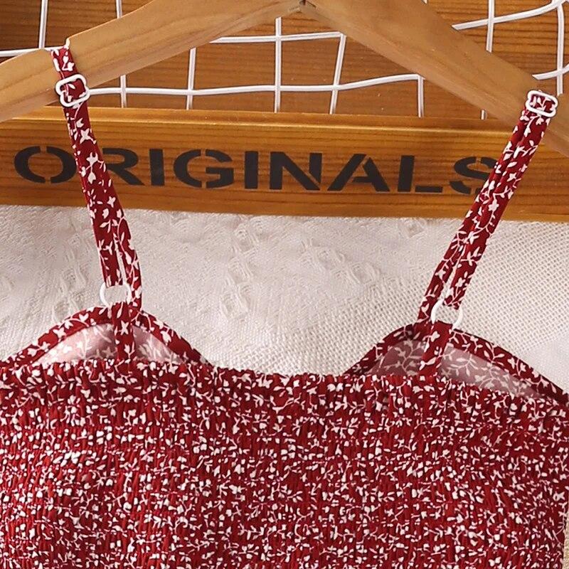 Seturi Fete 8-12 ani Fetiță Top cu Halter Floral Roșu + Fusta Florală Roșie Costume în stil coreean Seturi de haine casual de vară