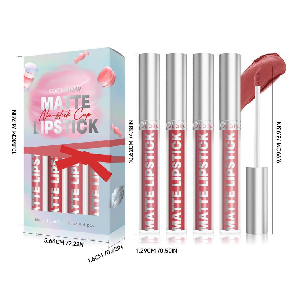 4 Velvet Lip Gloss Set Matte Color-fixed Non-stick Cup Liquid Lipstick Long-lasting Color-retaining Waterproof and Sweat-proof Cosmetics