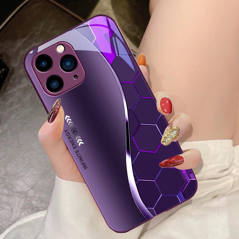 Flowing Light Honeycomb Dark Blue For IPhone 15 Pro 14 13 12 Mini 11 XS Max XR 7 8 Plu SE 2020 2022 Tempered Glass Phone Case