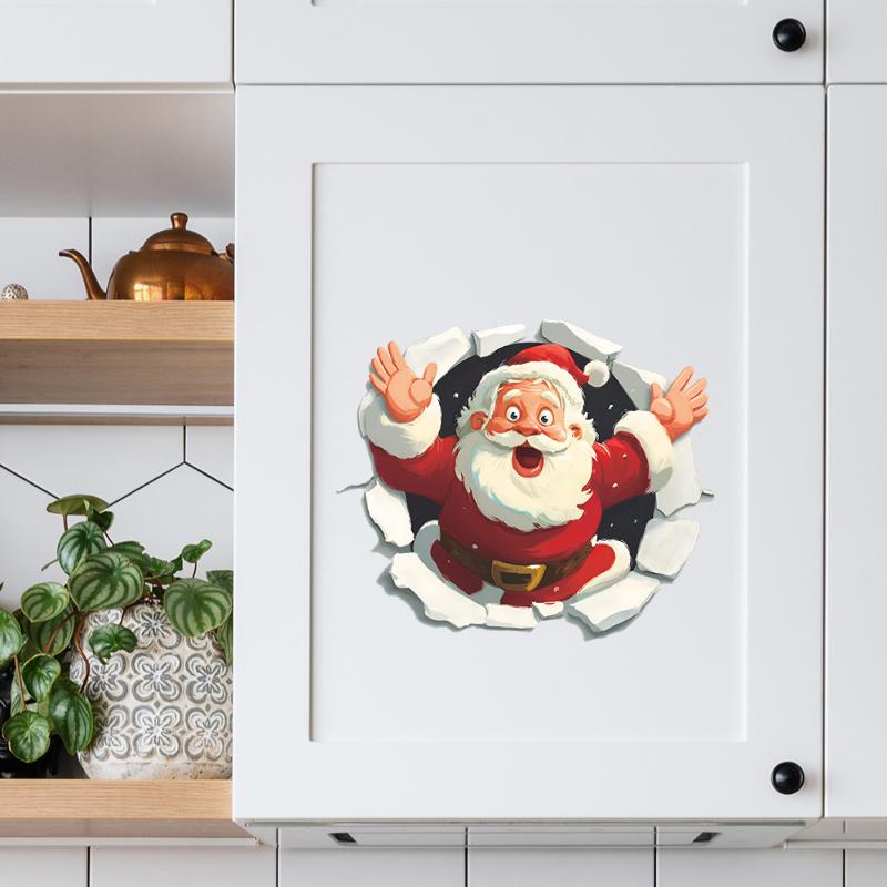 3D Stereo Santa Claus Break-Through Wall Decal Vinyl Christmas Wall Stickers, Removable Holiday Decor For Home And Living Spaces