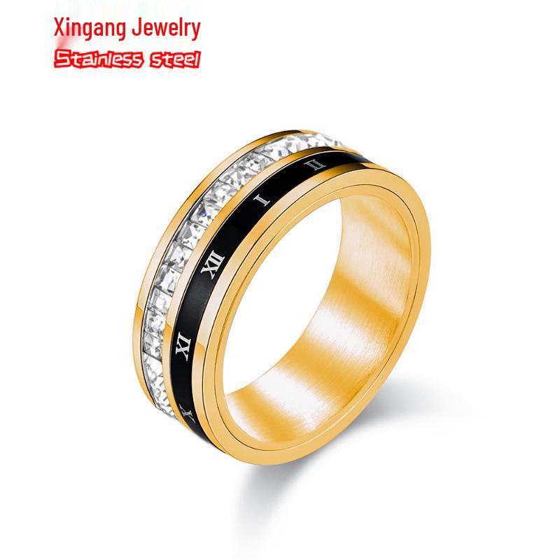Luxury Roman Numeral Titanium Steel Rotatable Ring with Square Diamonds - Unisex Proposal Jewelry