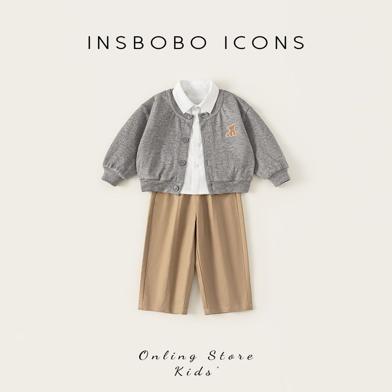 Insbobo Boys  Suit 2026 Spring New Children s Clothing Spring and Autumn Baby Fashionable Three-Piece Set Children s Trendy Clothing Gray 100
