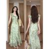 Women's summer seaside vacation wind romantic beach dress green floral v-neck small flying sleeve dress