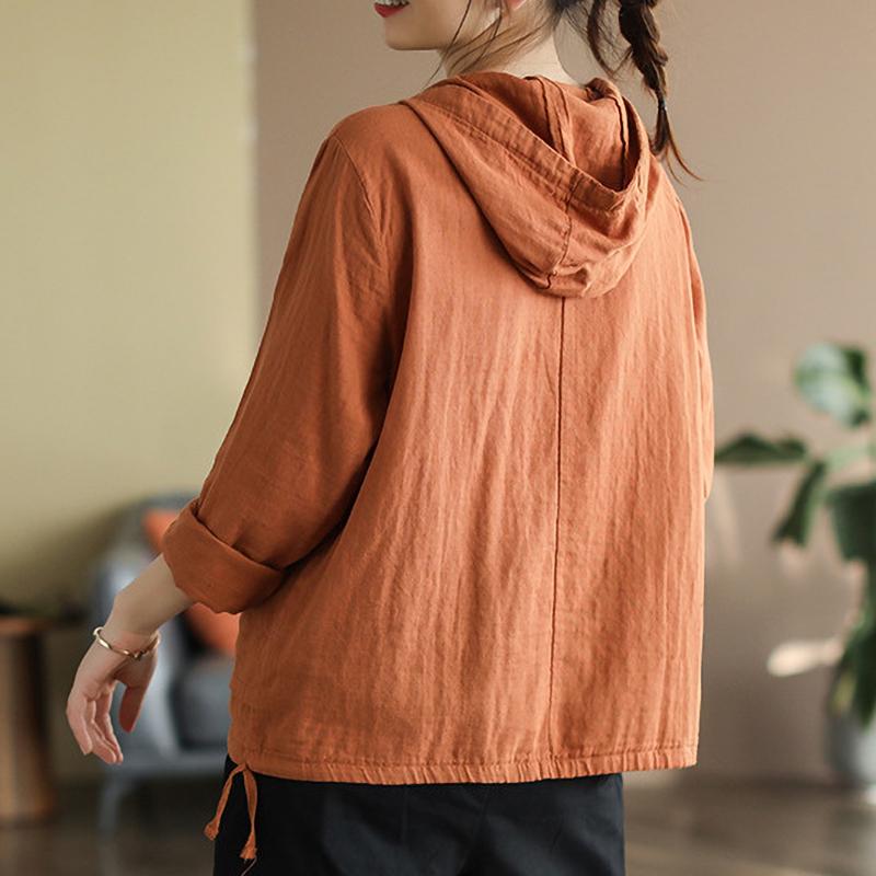 Women's Hooded Shirt Vintage Spring Loose Thin Pullover Long Sleeve Simple Plus Size Solid Blouses Ladies