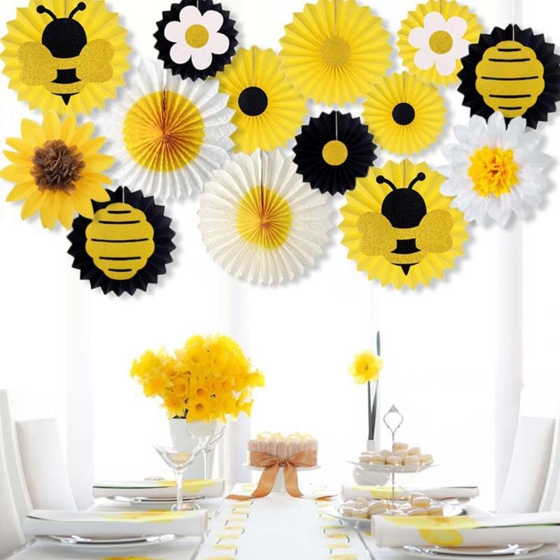 14 stycken Ljusgula Bin Solros Pappersfläkt Set Kreativt Handgjort Hantverksset Säker Barnvänlig Festtillbehör