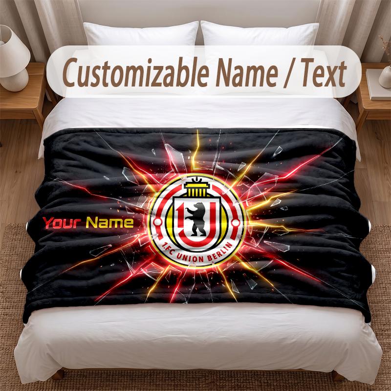 Union Berlin bedeckte Flanelldecke mit individuellem Namen und Text, weiche, warme Überwurfdecke für Schlafzimmer, Weihnachtsgeschenk