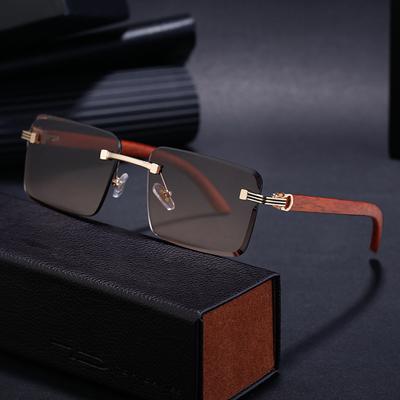 Occhiali da Sole Senza Montatura Bordati di Diamanti Occhiali Gambe Effetto Legno Imitazione Uomo Occhiali da Sole Moda Uomo Lenti Oscurate