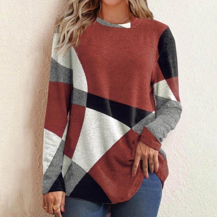 

Women Loose Fit Thin Geometric Contrast Print French Cashmere Long Sleeve Sweatshirt S красный