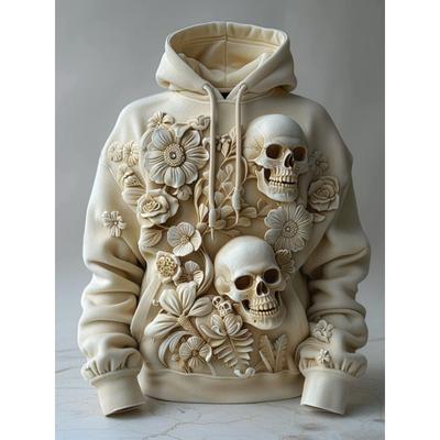 Erkek Koyu Çiçekli Kurukafa Baskılı Kapüşonlu Dış Mekan Cadılar Bayramı Kapüşonlu Günlük Kapüşonlular Baskılı Ön Cepli Sonbahar Tasarımcı Kapüşonlular Sweatshirt