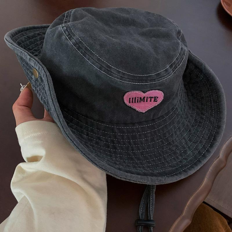 Pălării Cowboy Japoneze Retro Spălate pentru Femei Primăvară și Vară Camping în Aer Liber Protecție Solară Pălării Bucket Roz Dulce cu Inimă