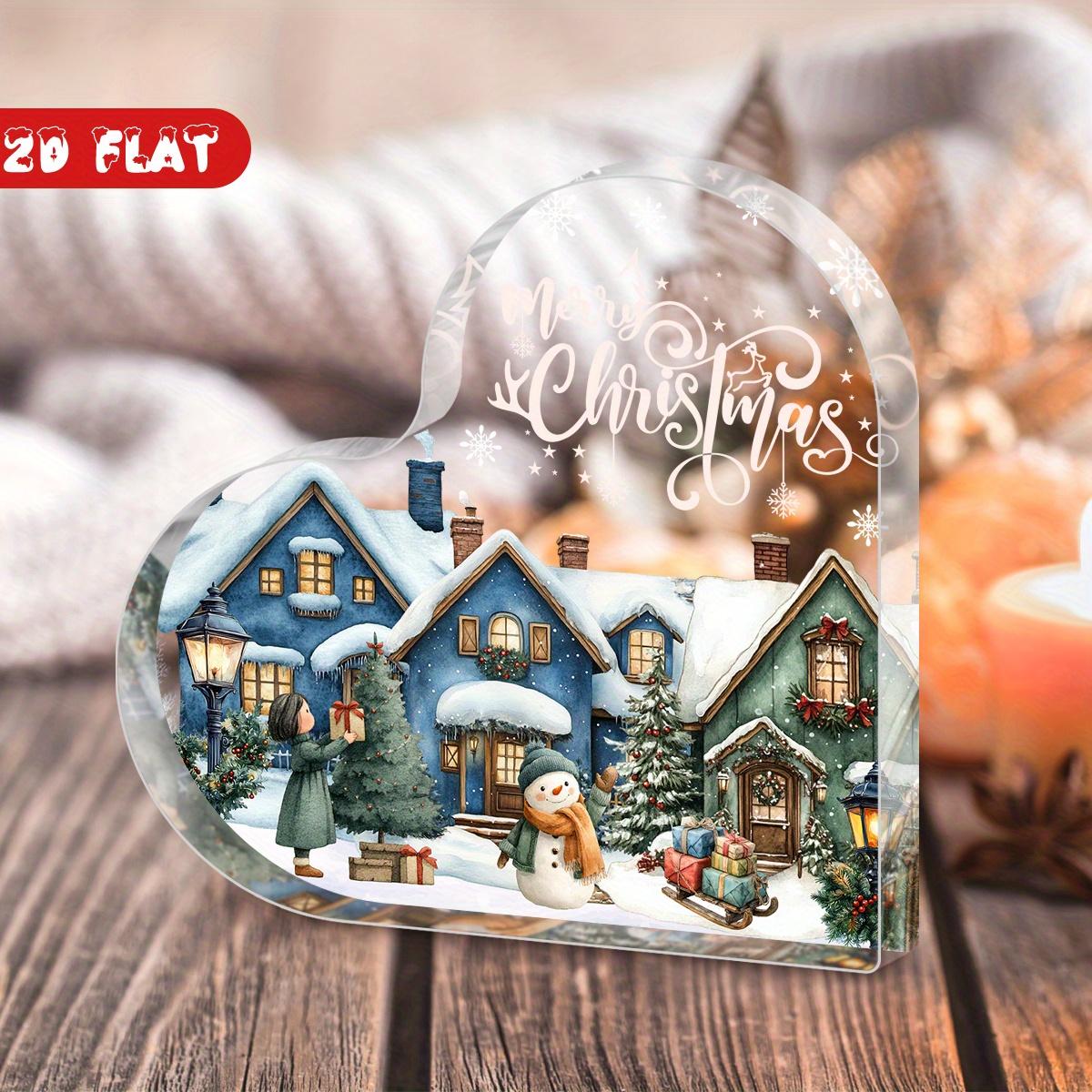 

Vintage Heart-Shaped Acrylic Santa Claus & Christmas Tree Sign - Snowy Winter Village Scene with Snow-Covered Houses, Ideal for Home & Office Decor 10*10cm