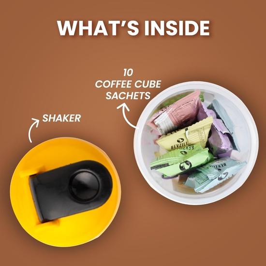 Bevzilla Instant Coffee Cubes & Bottle Pack With 10 Coffee Cubes (2 Cubes Each Flavour) & Creamy Vanilla | BPA Free Shaker 500 Ml Leak Proof
