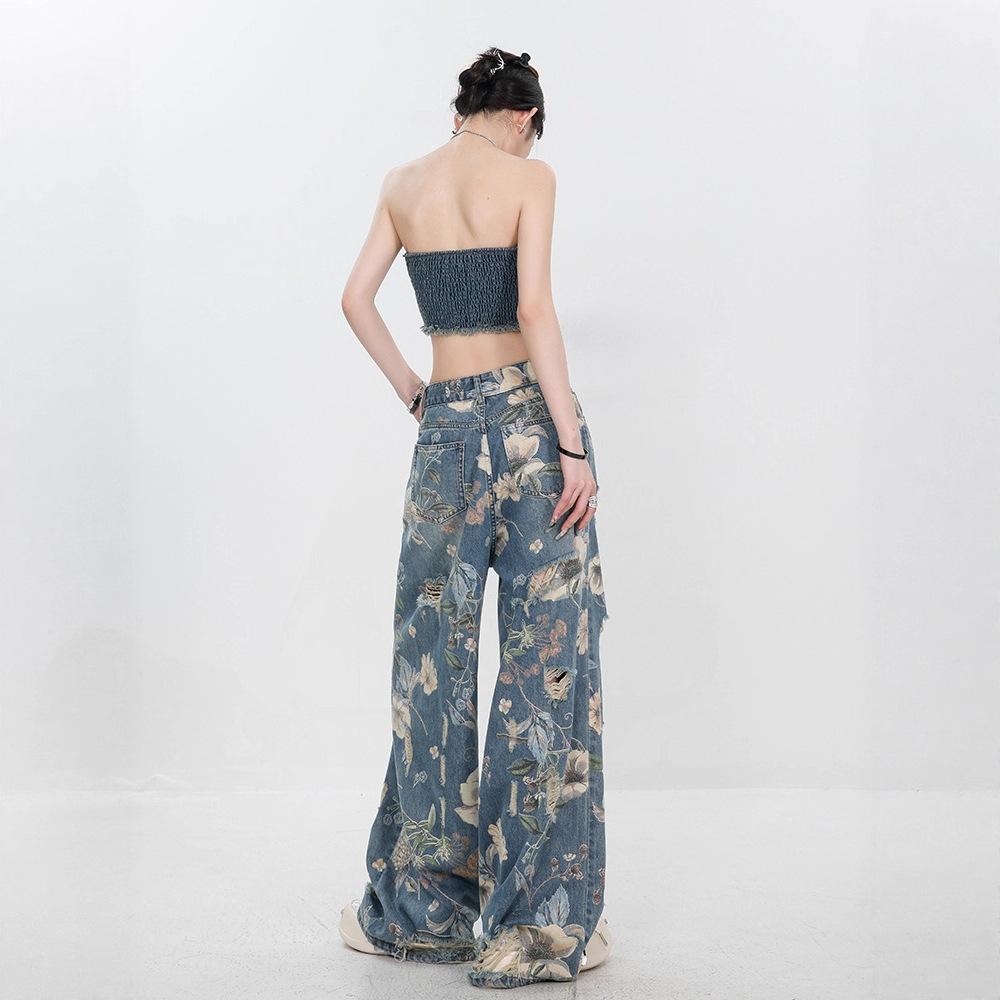 JYL Women's Ripped Jeans Summer Vintage Loose Straight Wide-Leg Floor-Length Denim