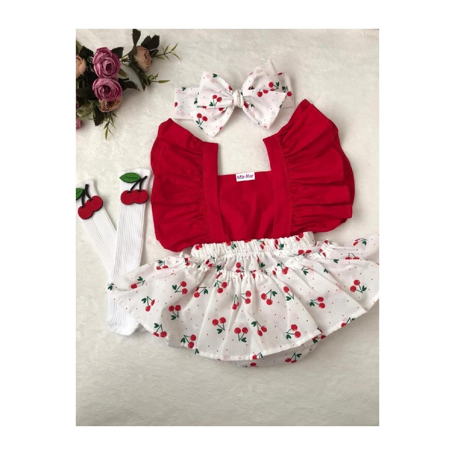 

Girl s Cherry Patterned Salopet Bandana Socks 3-piece Set