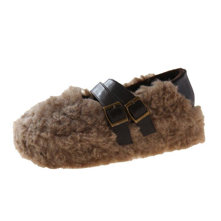 Thick-soled Lamb Wool Shoes for Women's Outer Wear 2025 New Autumn and Winter Velvet Fashion Belt Buckle Versatile One-pedal Cotton Shoes