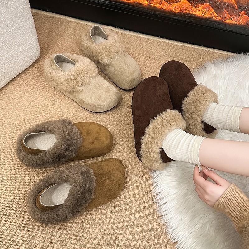 Winter Two Wear Slippers Scrub Fleece Round Toe Deep Mouth Plush Platform Warm Cotton Shoes