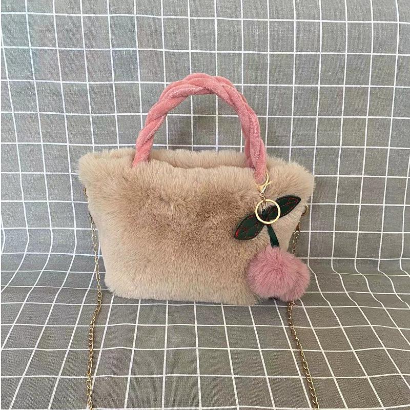 Luxury Faux Fur Bag Women's Plush Woven Handle Handbag Thin Chain Shoulder Bag With Cherry Pendant Magnetic Buckle Crossbody Bag
