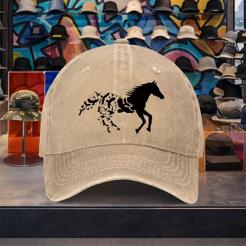 Flying Bird Horse Graphic Washed Cotton Baseball Cap Adjustable Vintage Casual Unisex Outdoor Hat