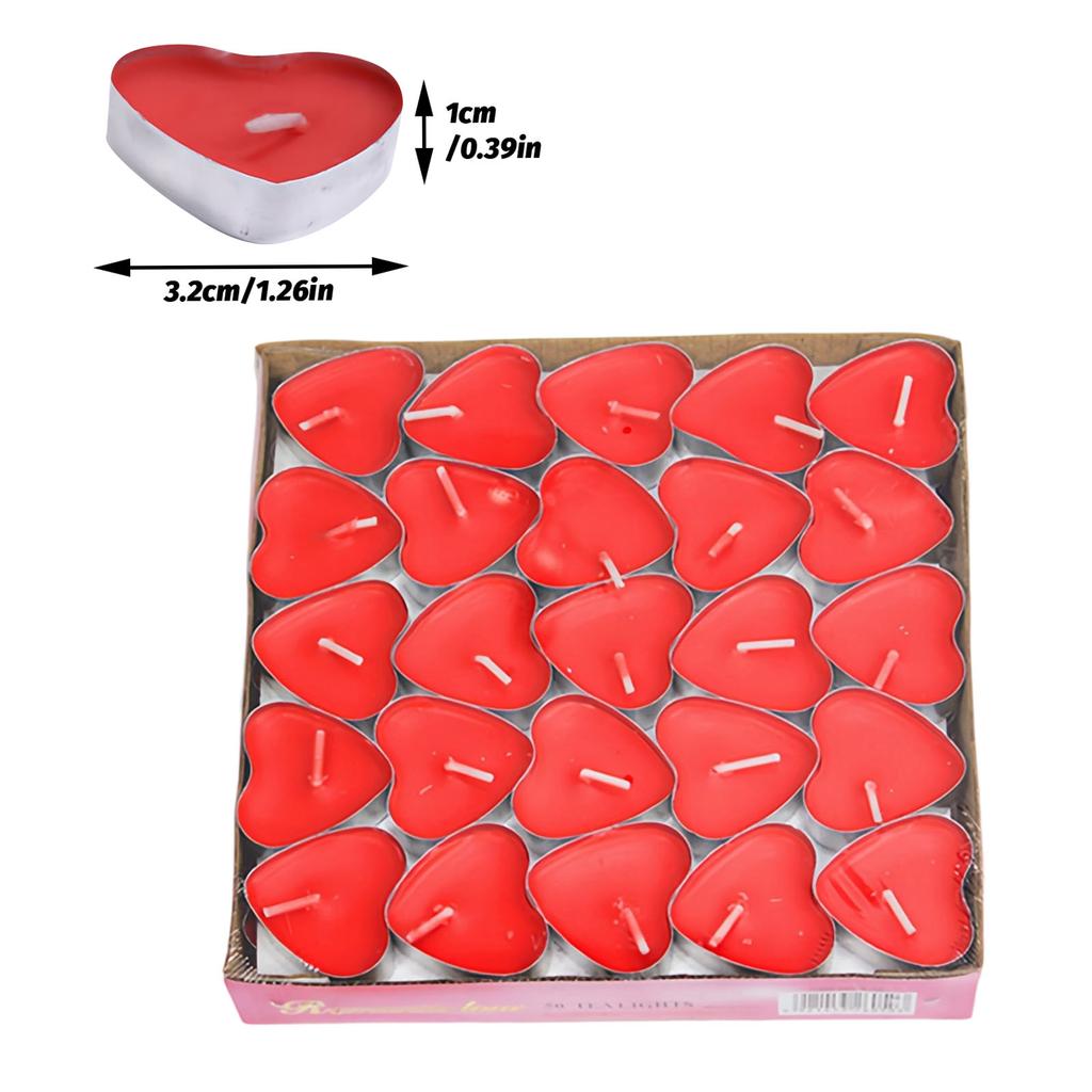 Valentine 50 Piece Red Heart Shaped Tea Light Candle Wedding Anniversary Party Unscented Romantic Decor Tabletop Accent
