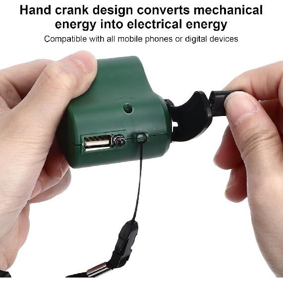 USB Hand Crank Portable Cell Phone Charger with LED Light - 5V Output for Hiking, Camping, Emergency