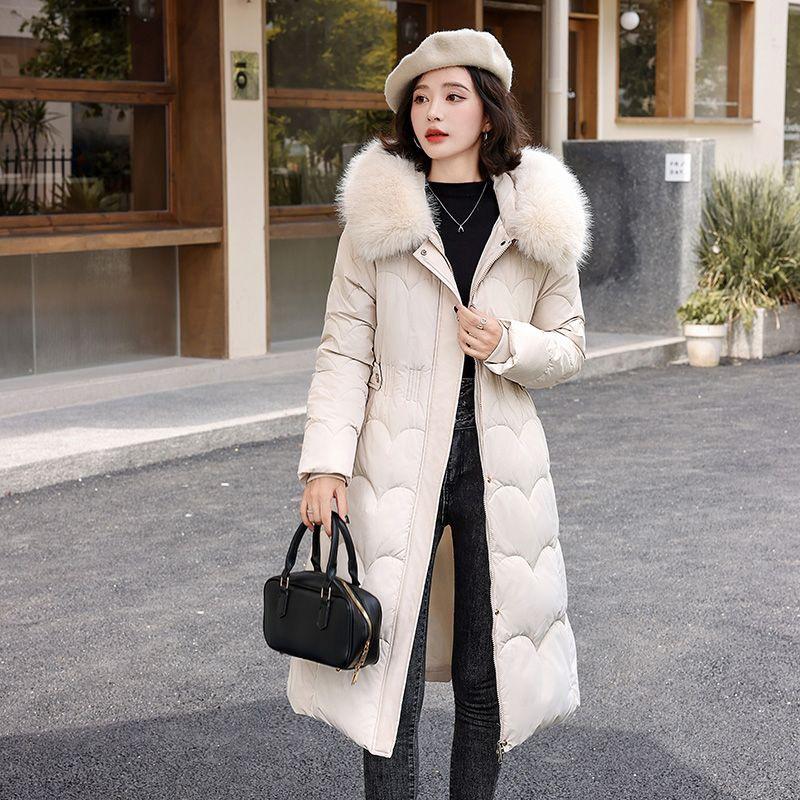 Down Cotton Coat for Women, Thickened Fur Collar, Knee-length Loose Winter Korean Style Cotton Coat, Long New Cotton Jacket