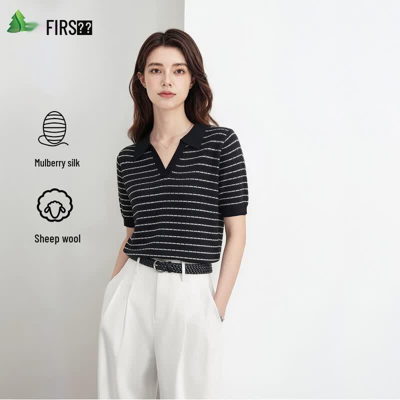 FIRS Women s Striped Wool & Silk Blend Knitted T-Shirt M