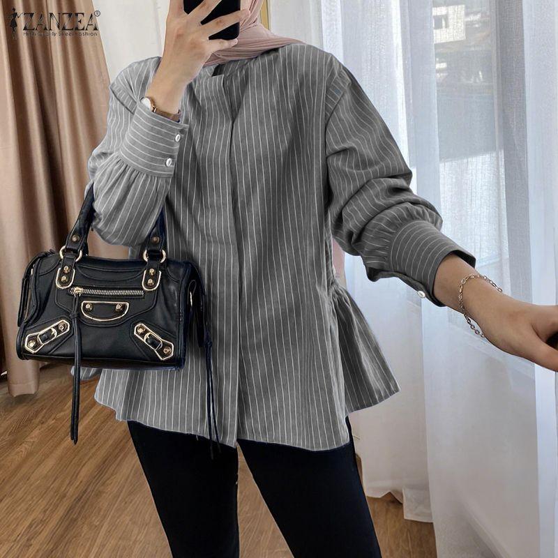 ZANZEA Women Casual Stand Collar Loose Long Sleeve Stripe Blouse