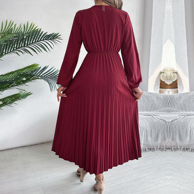A Line Long Dress Women High Waist Pleated Solid Color V Neck Long Sleeve Spring Summer Fashion