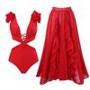 2025 Trendy Women's One-Piece Swimsuit Set with Bowknot Mesh Skirt - Solid Color