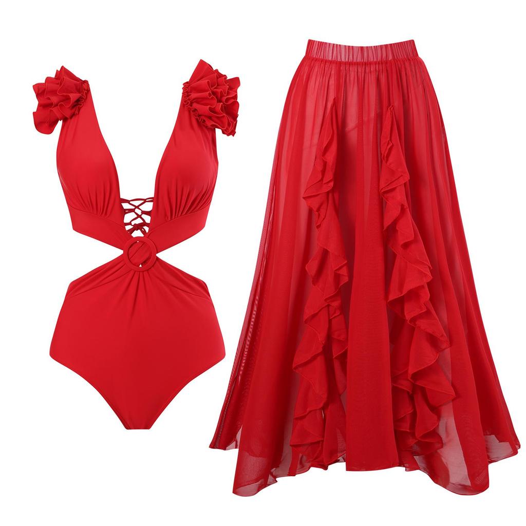 2025 Trendy Women's One-Piece Swimsuit Set with Bowknot Mesh Skirt - Solid Color