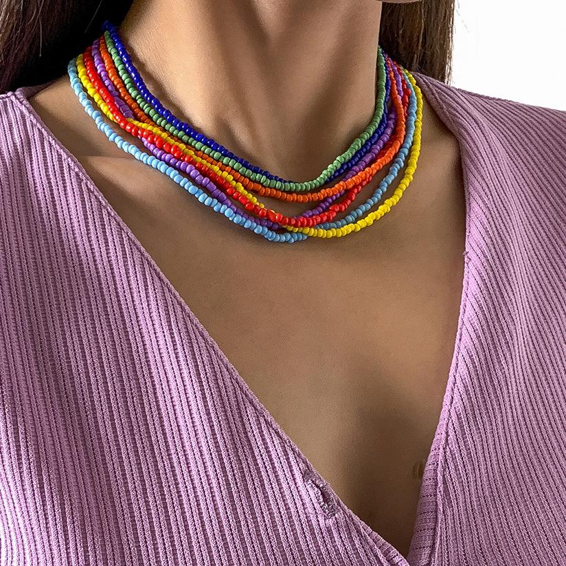 Retro Rainbow Rice Bead Necklace Set, Stylish And Simple, Stackable Woven Beaded Necklace