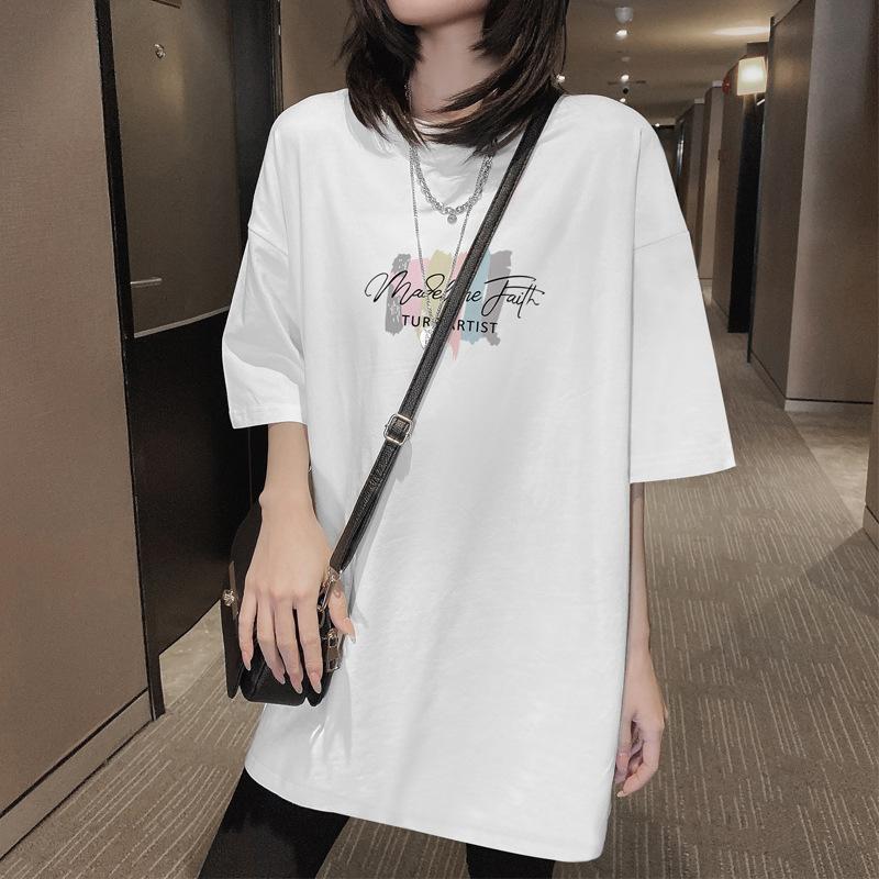 

[Rear bag collar] Cotton short-sleeved T-shirt women s medium and long large size loose 2025 new summer S