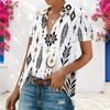 Women Plus Size Collared Neck Short Sleeve Printed Button Front White Shirt