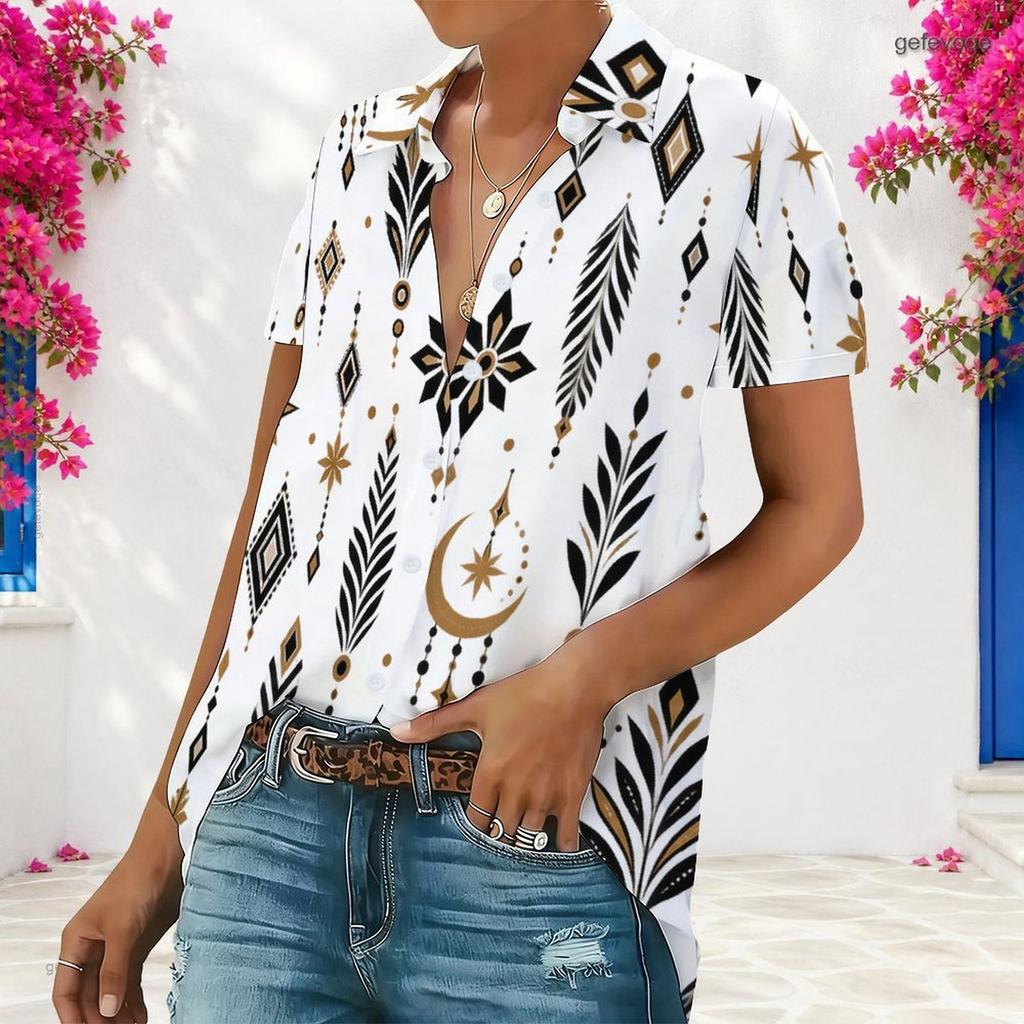 Women Plus Size Collared Neck Short Sleeve Printed Button Front White Shirt