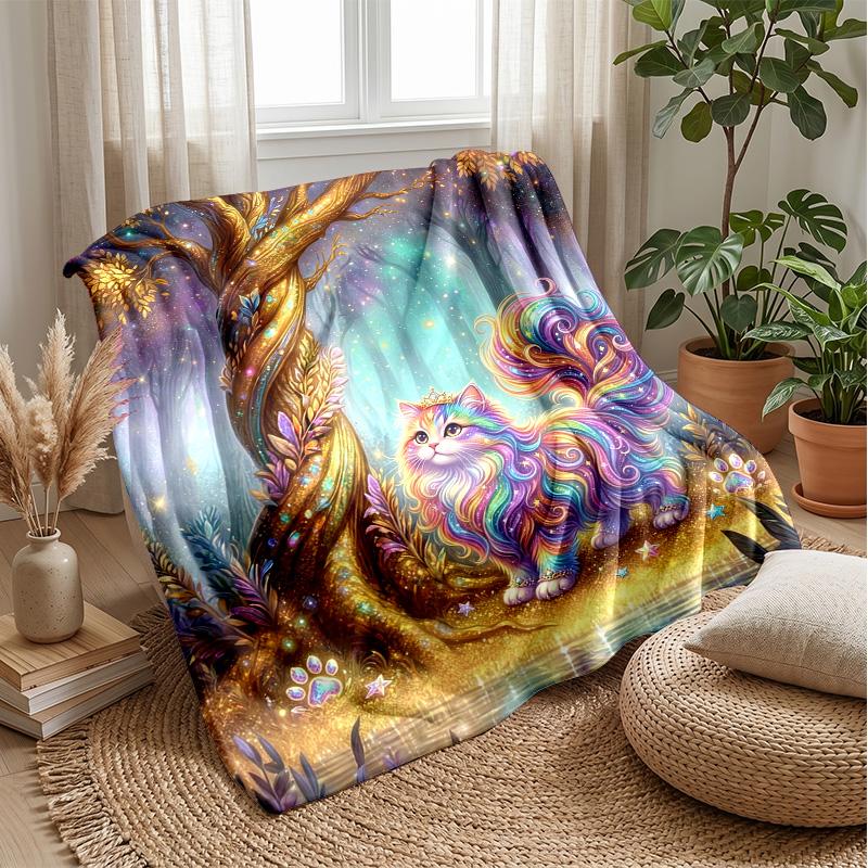 Rainbow Cat Fantasy 3 Theme Blanket Lightweight Warm Flannel Blanket Decorative Throw Blanket for Home Decoration