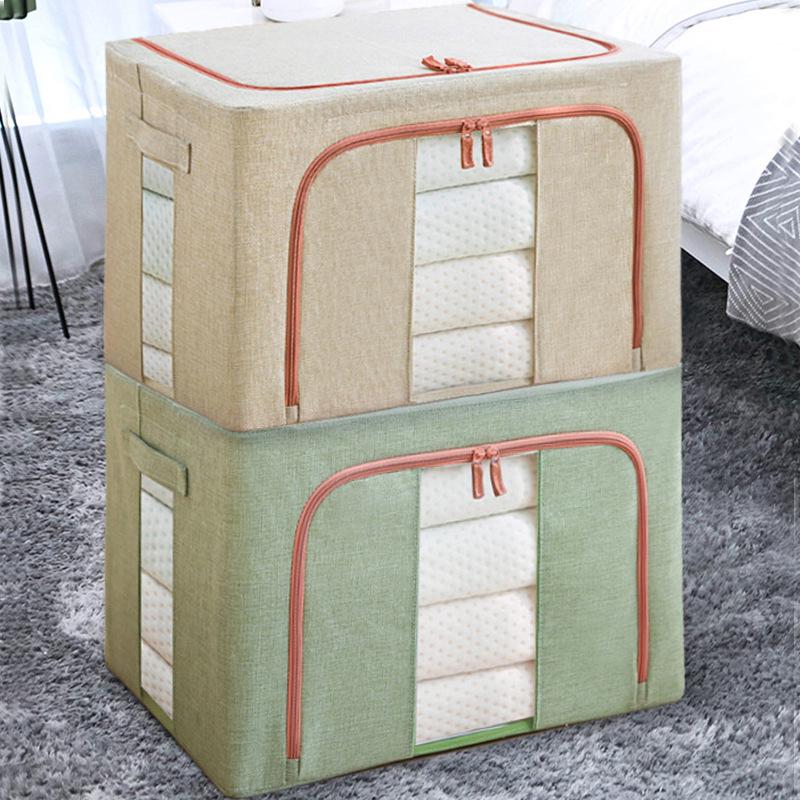 Waterproof Cotton & Linen Storage Box with Steel Frame - Foldable, Moisture-Proof, Large Capacity, Fabric Quilt Bag with Cover