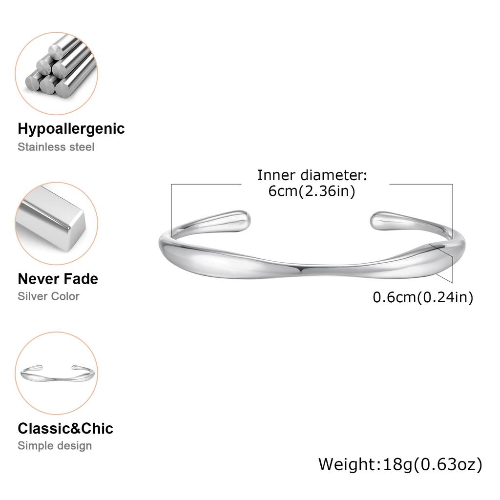 Bracelet jonc minimaliste à ouverture pour femme, Manchette en acier inoxydable pour poignet, Bracelets empilables, Bijoux lisses très polis