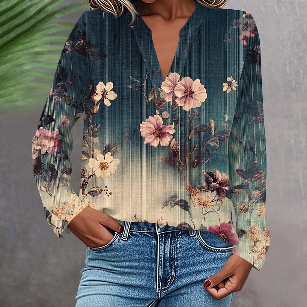 Women's Fashionable And Casual Shirt Long Sleeve V-neck Button Printed Blouse Top