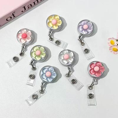Cute Transparent Floral Badge Reel For Women Retractable Worker ID Card Pull Buckle Doctore Nurse ID Card Badge Holder Clip