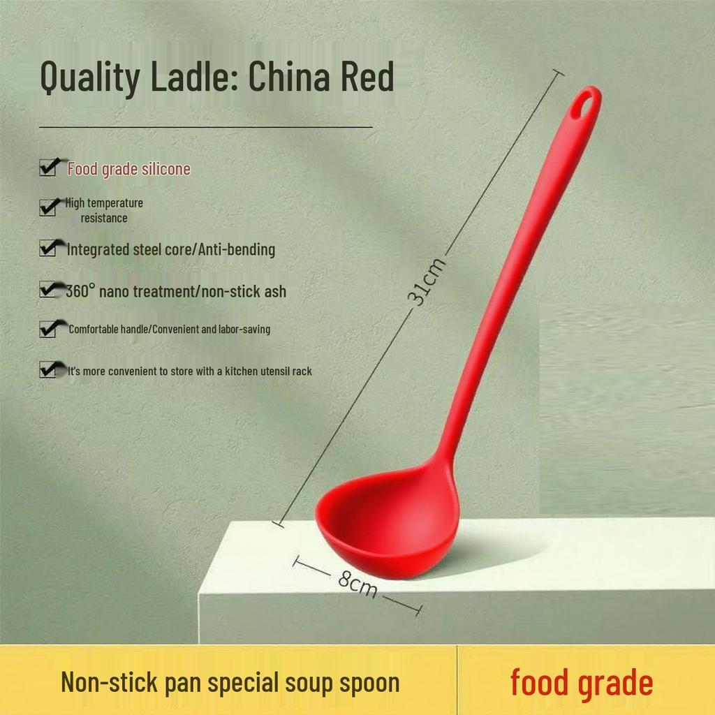 Red Silicone Kitchen Utensil Set: Soup Ladle, Slotted Spoon & Rice Spoon for Non-Stick Pans, Heat Resistant for Stir-Frying