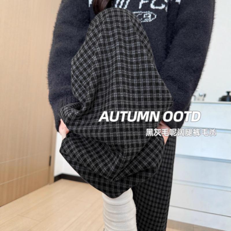 Black and gray plaid pants children's new autumn high waist drape loose casual small woolen wide-leg pants
