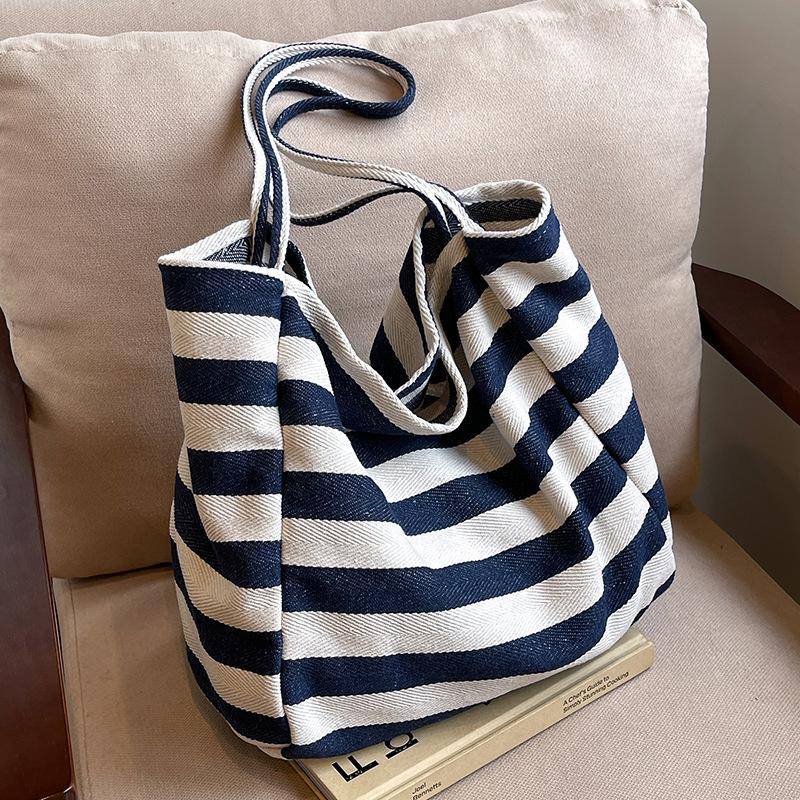 Geantă Pânză cu Dungi Stil Coreean Ins Lazy Geantă Tote Literară cu Culoare Contrastantă Geantă de Umăr de Mare Capacitate Geantă de Cumpărături Geantă Mare