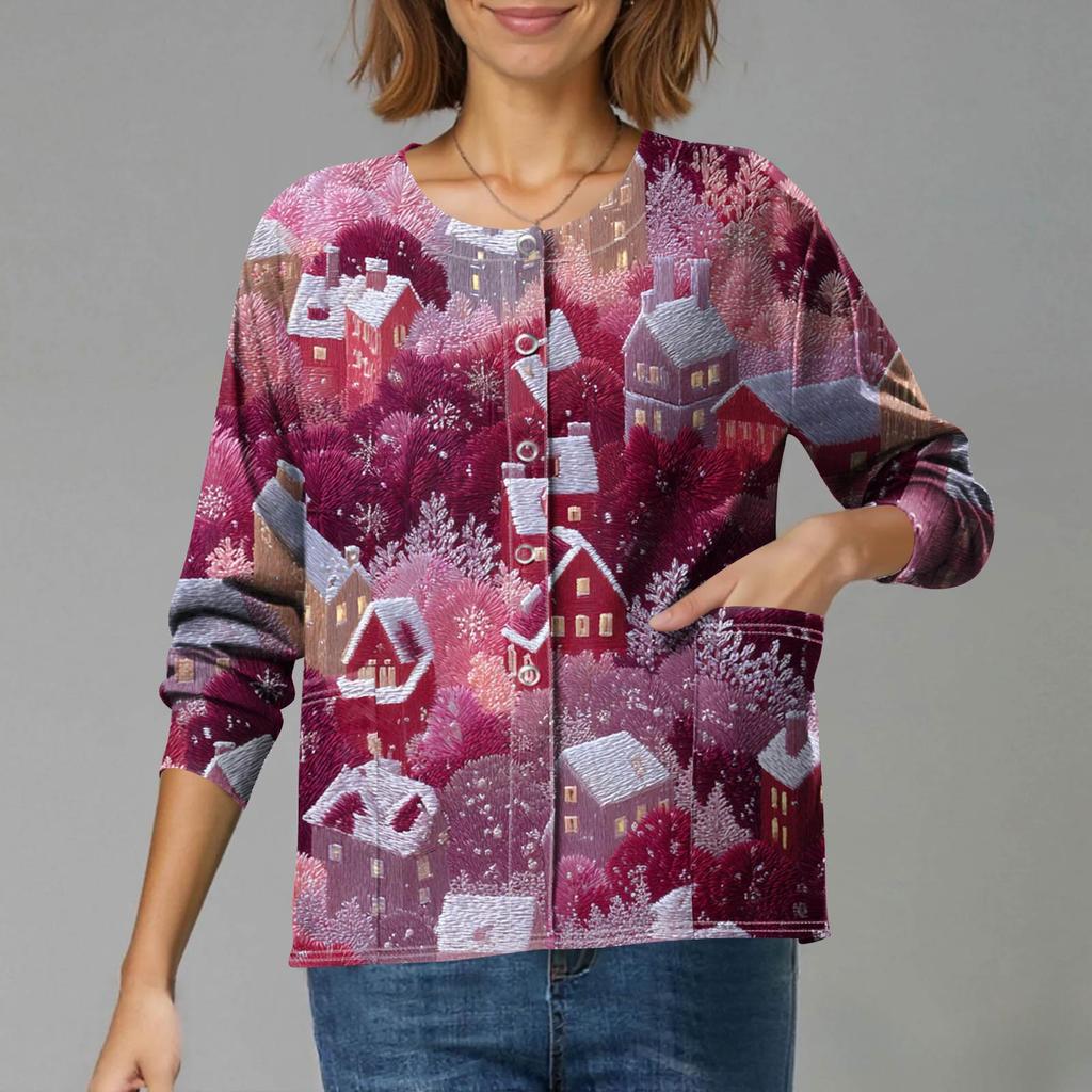 Women's Casual Long-Sleeved Single-Breasted Christmas-Themed Print  Cardigan