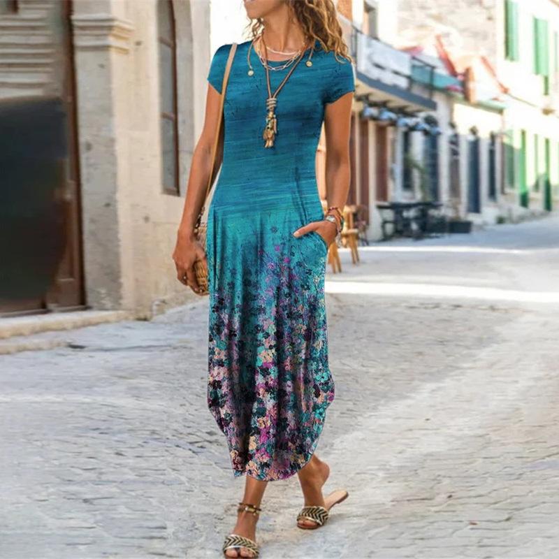 Abito Lungo A-line Slim Estivo a Manica Corta con Collo Rotondo e Tasca con Stampa Floreale Abbigliamento da Donna