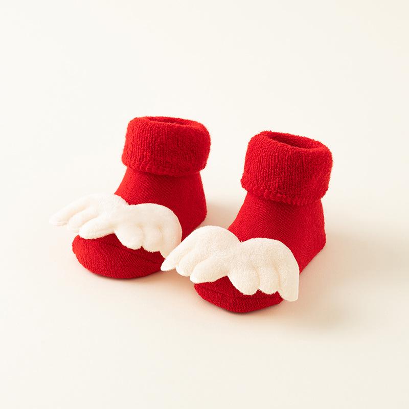 Newborn Red Non-slip Plush Socks for Autumn/Winter - Warm Terry Christmas Floor Socks for Babies and Toddlers.